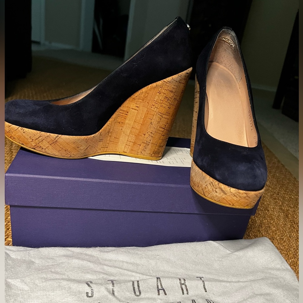 Used Stuart Weitzman Corkswoon Wedge in Nice Blue Suede size 6.5m